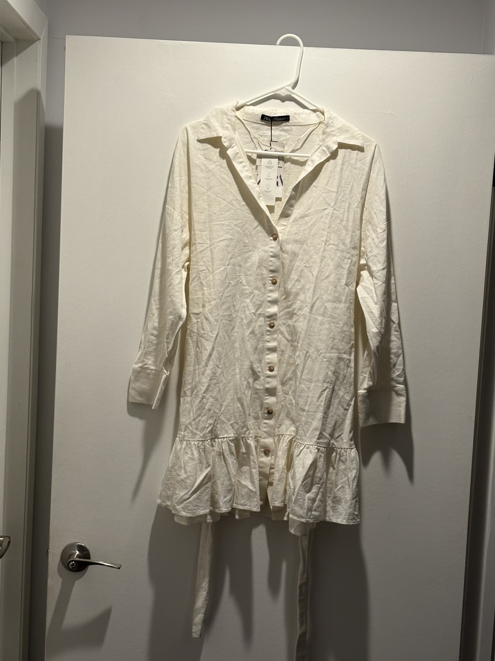 Zara Cream Button-Front Ruffle-Hem Mini Dress